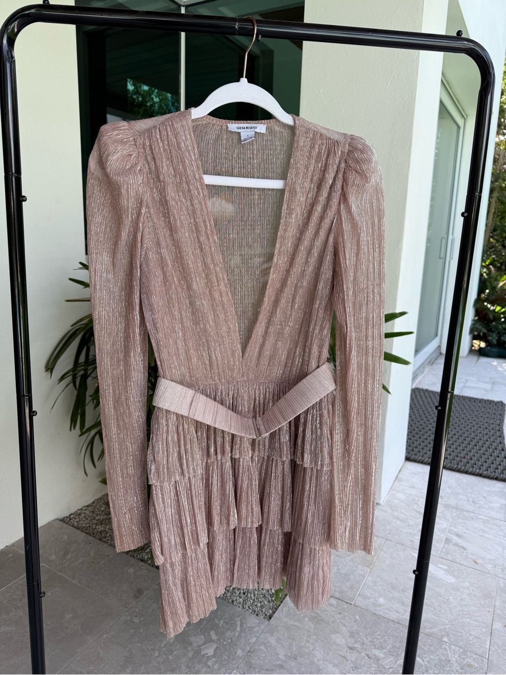 REVOLVE Metallic Rose Mini Dress with Tiered Pleats and Belt